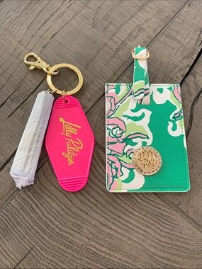 Lilly Pulitzer Green Floral Luggage Tag & Pink Key Fob Set